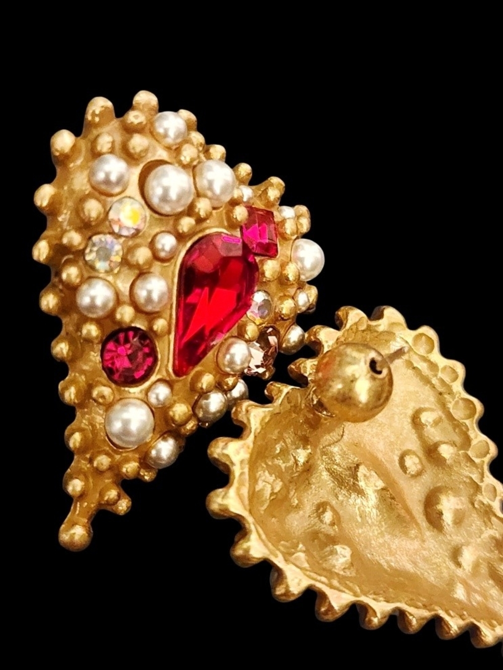 Gold Plated Heart Earrings With Red Gem And Faux Pearl Accents - Picture 2 of 4